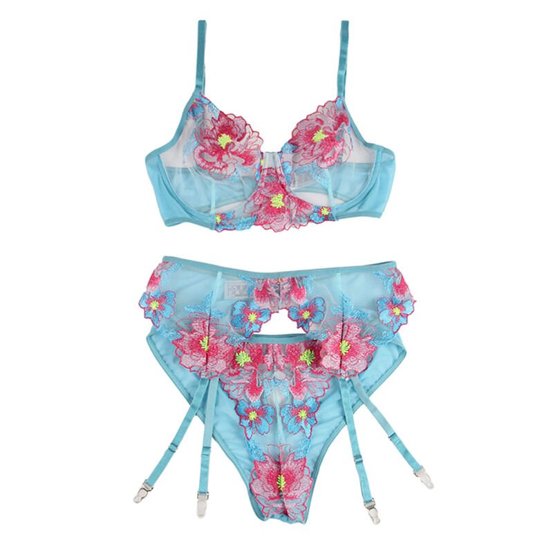 SUBBLIME - 954109 BRA + PANTIES WITH GARTER BELT FLORAL DESIGN BLUE S/M - Image 5